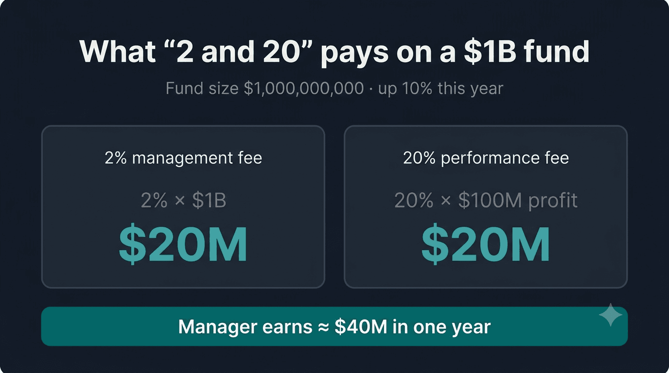 Worked example of 2 and 20 fees on a one billion dollar hedge fund returning ten percent