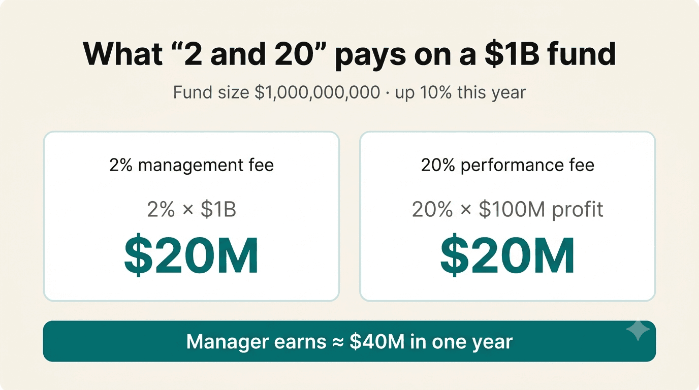 Worked example of 2 and 20 fees on a one billion dollar hedge fund returning ten percent