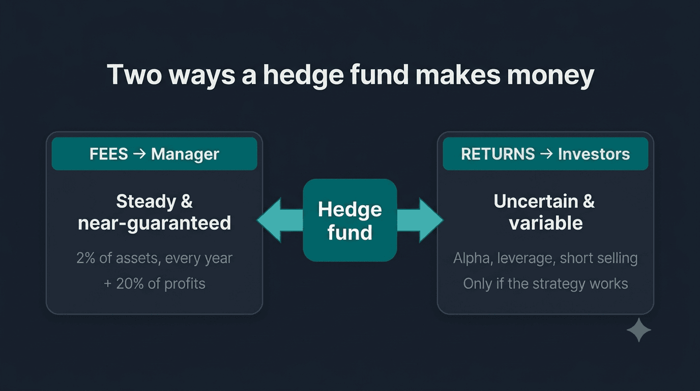 Diagram showing the two ways a hedge fund makes money: fees for the manager and returns for investors