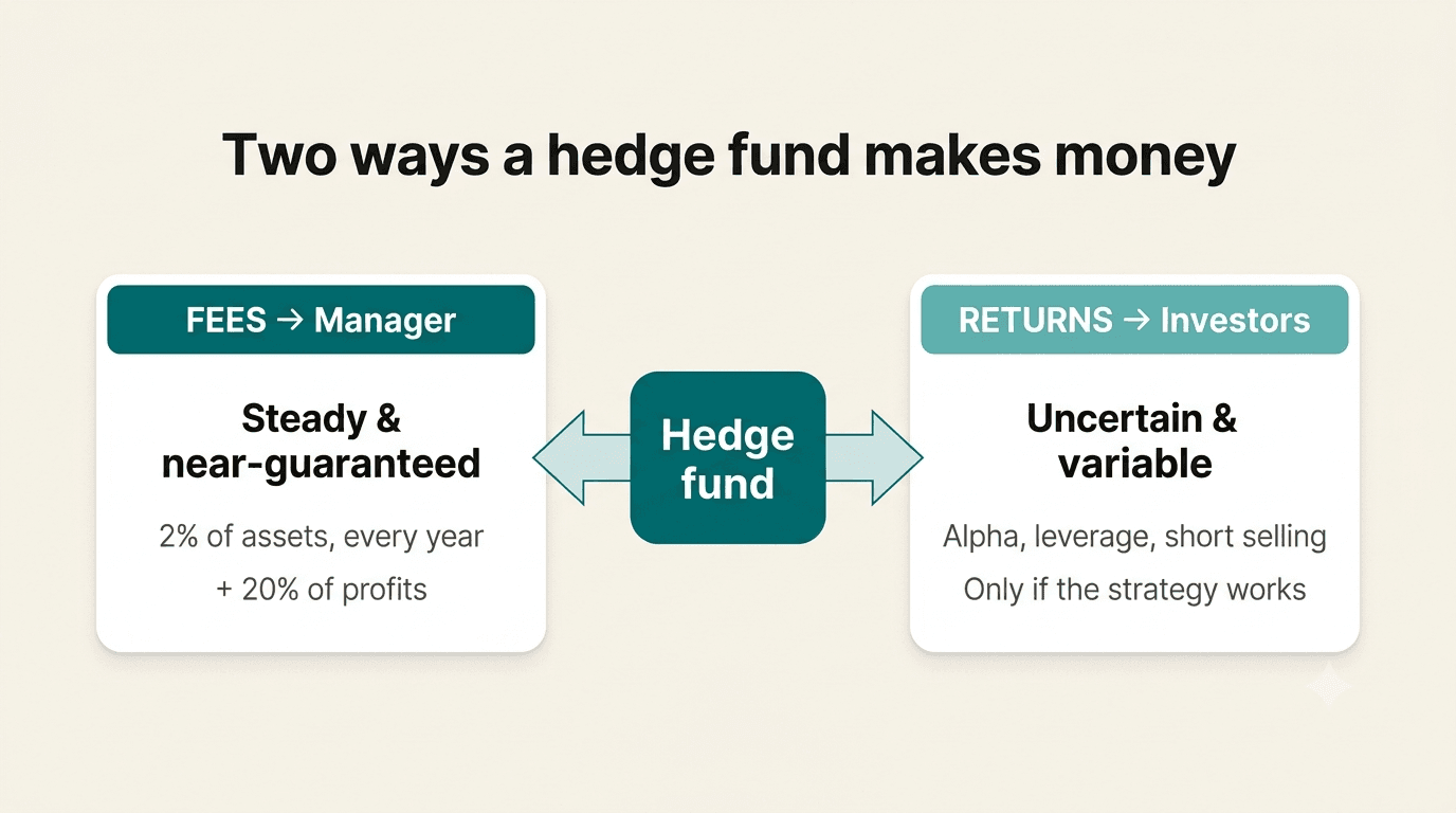Diagram showing the two ways a hedge fund makes money: fees for the manager and returns for investors