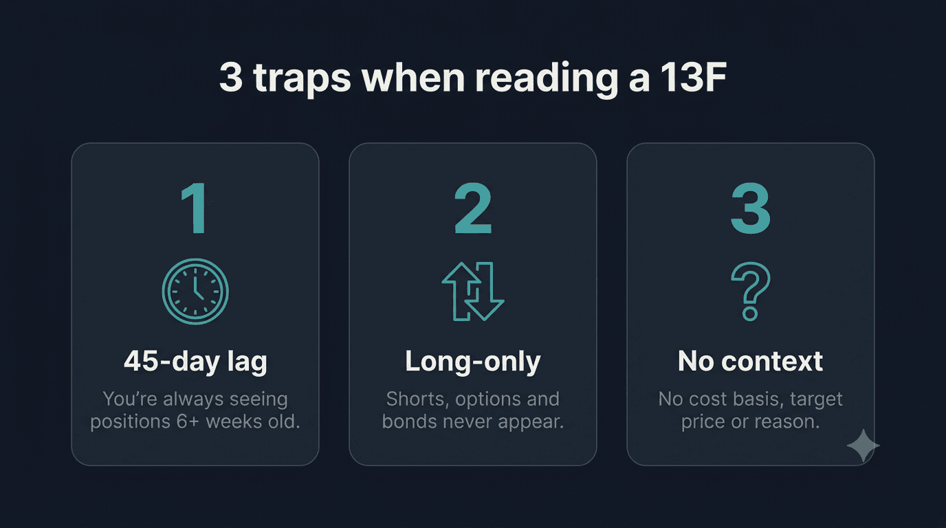 Diagram of 13F filing traps: the 45-day lag, long-only holdings, and hidden hedges