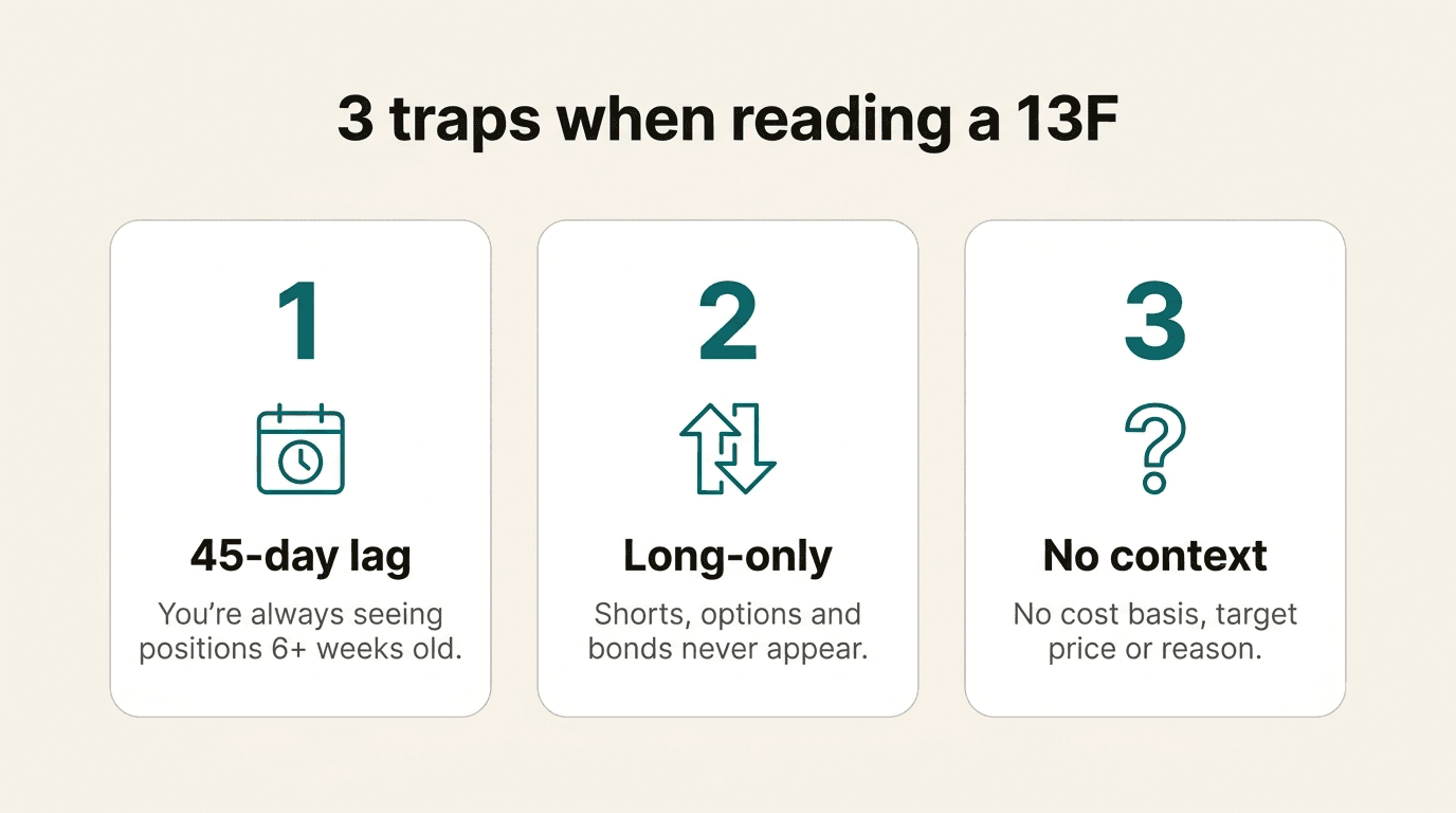 Diagram of 13F filing traps: the 45-day lag, long-only holdings, and hidden hedges