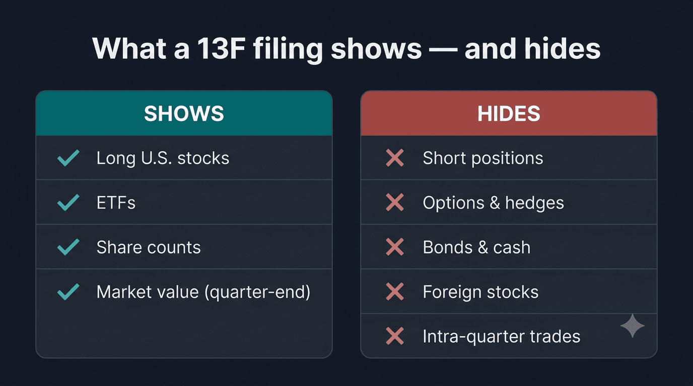 Diagram comparing what a 13F filing discloses versus what it omits