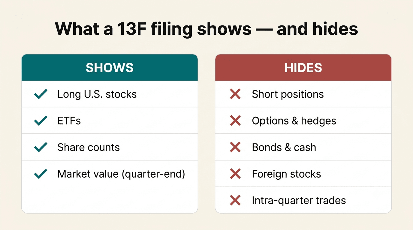Diagram comparing what a 13F filing discloses versus what it omits
