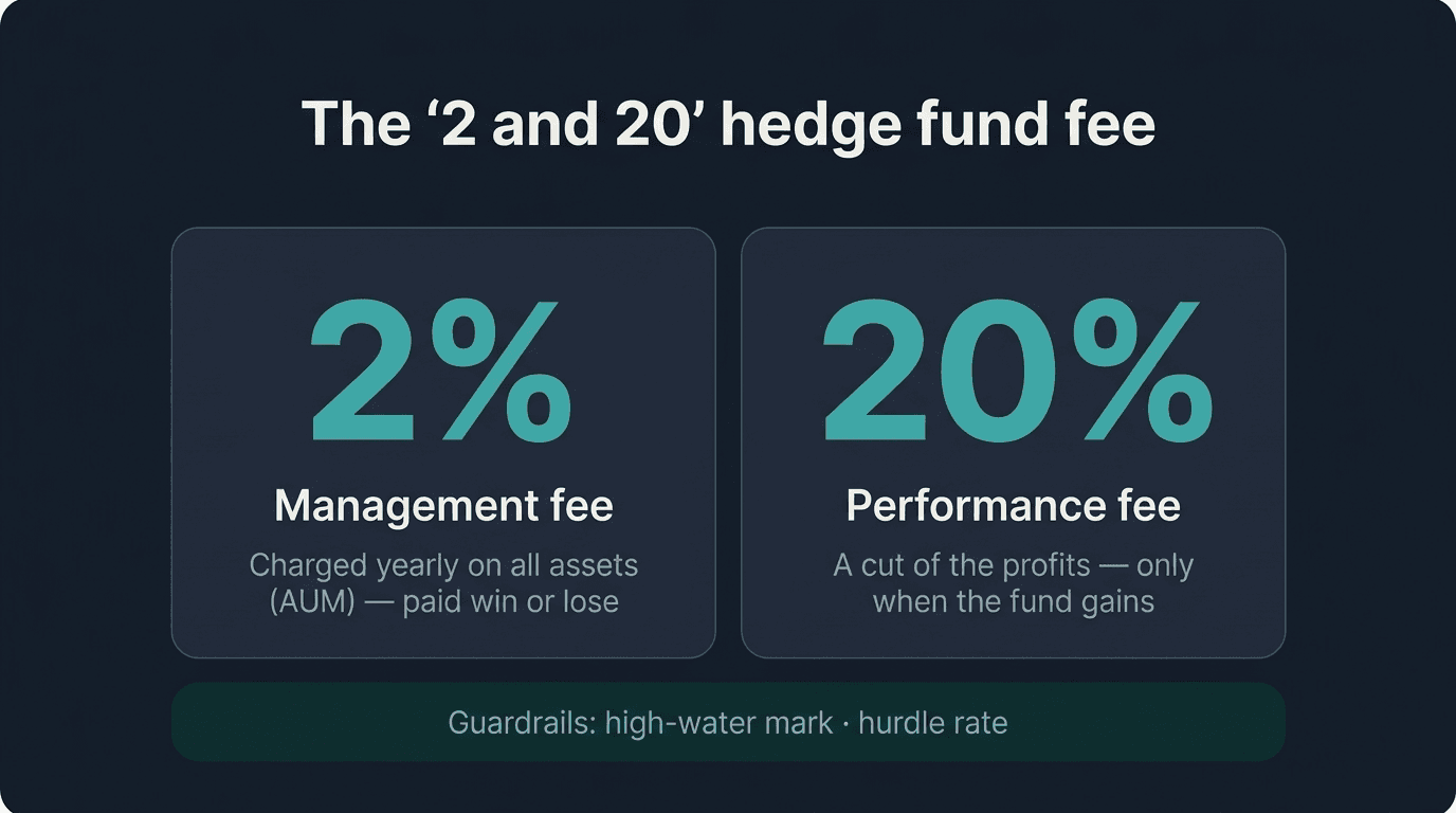 Diagram breaking down the 2 and 20 hedge fund fee structure into a management fee and a performance fee