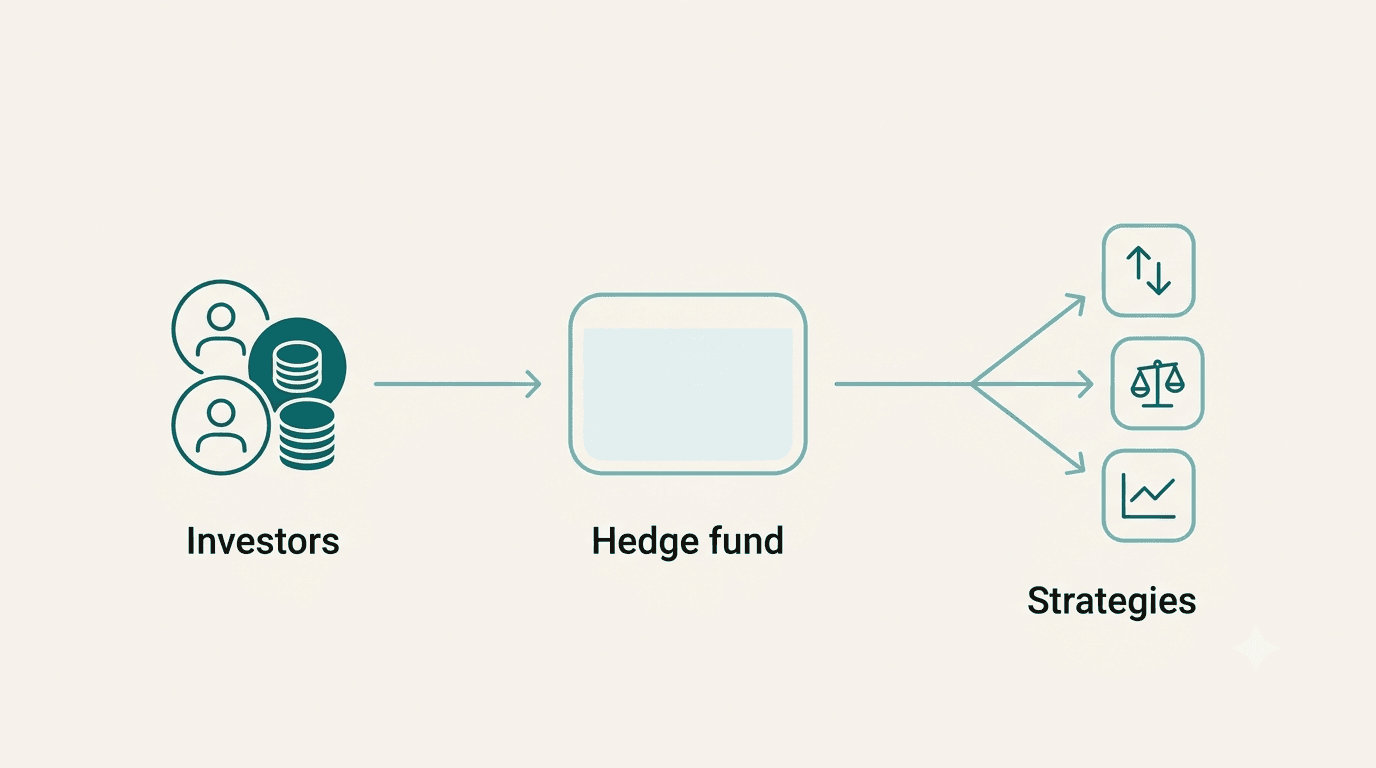 Illustration of how a hedge fund pools investor capital and deploys multiple strategies